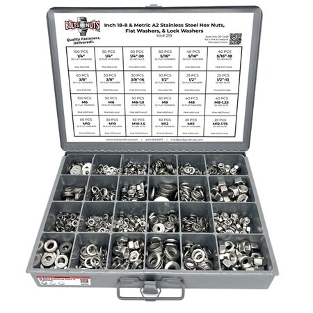Boltsandnuts.Com Inch & Metric Stainless Steel Hex Nut, Lock Washer and Flat Washer Assortment - 1141 PCS Assortment Kit #219